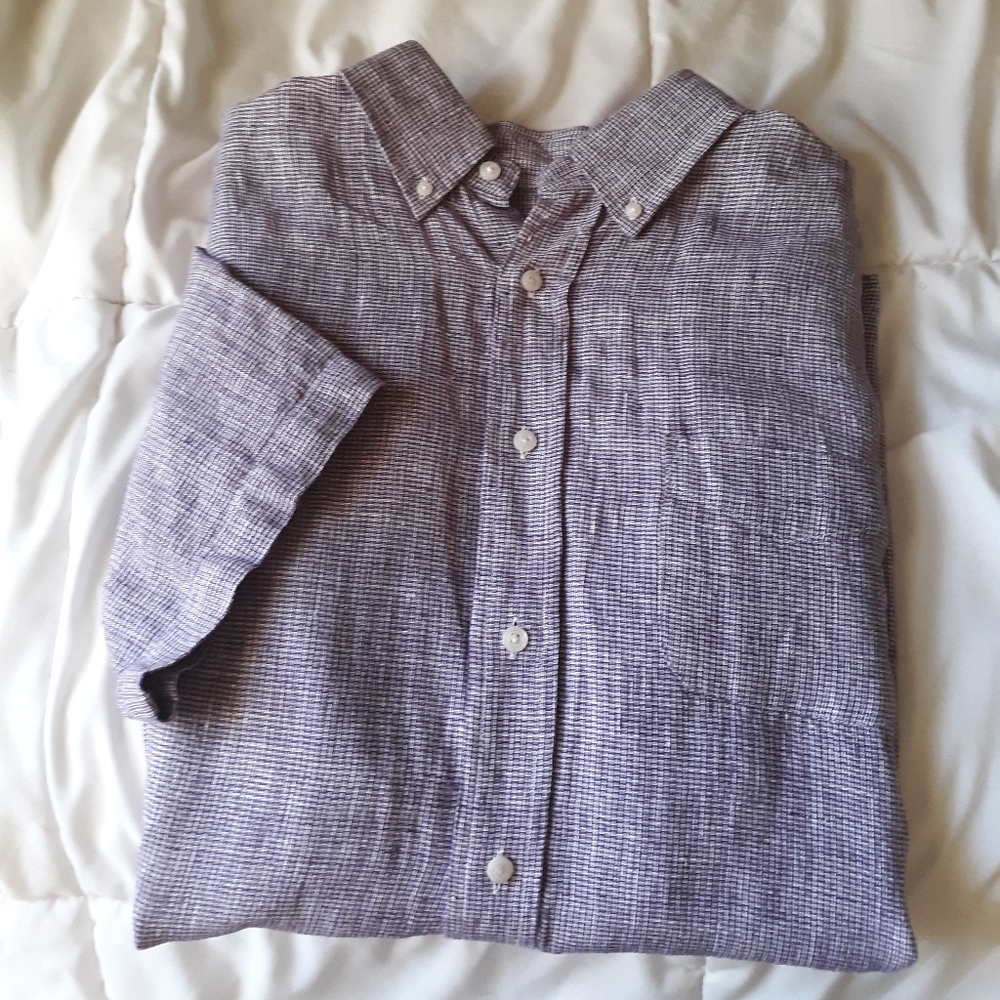 Purple linen button-up shirt.